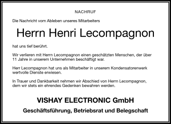 Traueranzeige von Henri Lecompagnon von Frankenpost