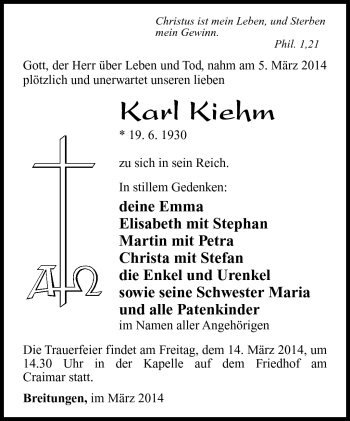 Traueranzeige von Karl Kiehm von Südthüringer Presse