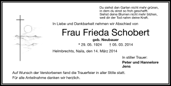 Traueranzeige von Frieda Schobert von Frankenpost