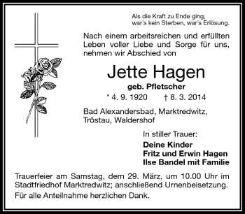 Traueranzeige von Jette Hagen von Frankenpost