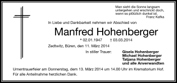 Traueranzeige von Manfred Hohenberger von Frankenpost