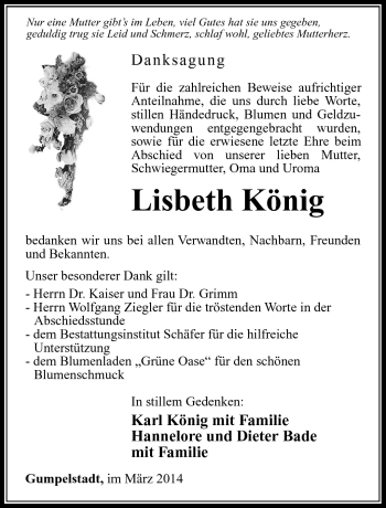 Traueranzeige von Lisbeth König von Südthüringer Presse
