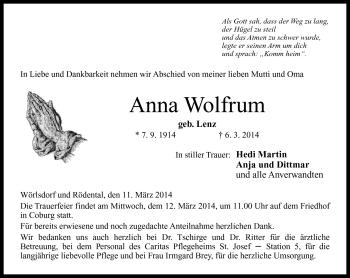 Traueranzeige von Anna Wolfrum von Neue Presse Coburg