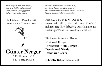 Traueranzeige von Günter Nerger von Südthüringer Presse