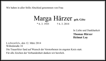 Traueranzeige von Marga Härzer von Neue Presse Coburg