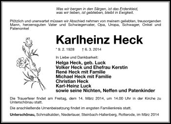 Traueranzeige von Karlheinz Heck von Südthüringer Presse