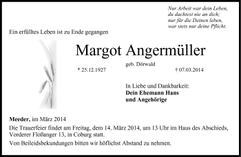 Traueranzeige von Margot Angermüller von Neue Presse Coburg