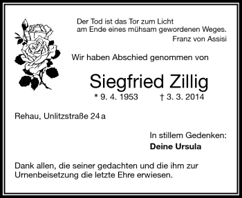Traueranzeige von Siegfried Zillig von Frankenpost