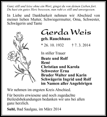 Traueranzeige von Gerda Weis von Südthüringer Presse