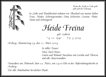 Traueranzeige von Heide Freina von Frankenpost