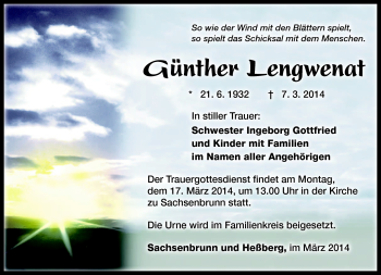 Traueranzeige von Günther Lengwenat von Südthüringer Presse