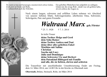 Traueranzeige von Waltraud Marx von Südthüringer Presse