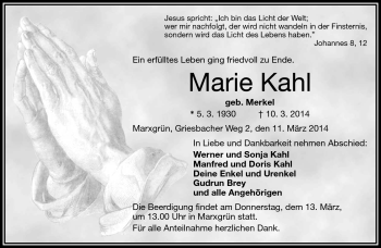 Traueranzeige von Marie Kahl von Frankenpost