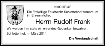 Traueranzeige von Rudolf Frank von Frankenpost