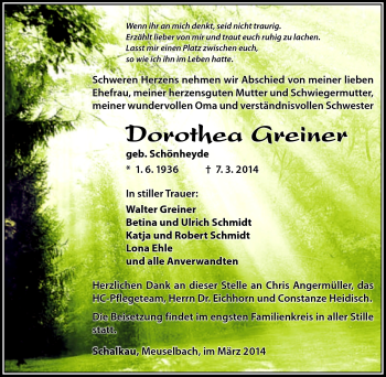 Traueranzeige von Dorothea Greiner von Südthüringer Presse