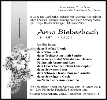 Traueranzeige von Arno Bieberbach von Südthüringer Presse