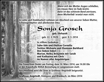 Traueranzeige von Sonja Grosch von Südthüringer Presse