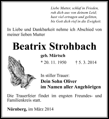 Traueranzeige von Beatrix Strohbach von Südthüringer Presse