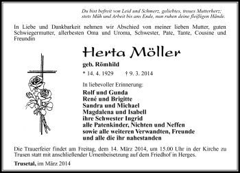 Traueranzeige von Herta Möller von Südthüringer Presse