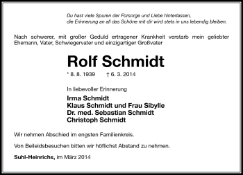 Traueranzeige von Rolf Schmidt von Südthüringer Presse