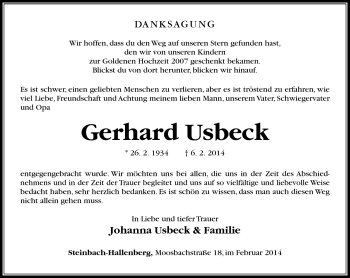 Traueranzeige von Gerhard Usbeck von Südthüringer Presse