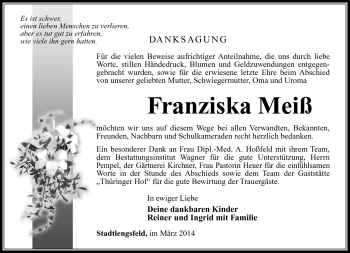 Traueranzeige von Franziska Meiß von Südthüringer Presse