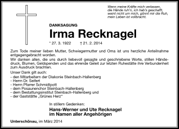 Traueranzeige von Irma Rechnagel von Südthüringer Presse