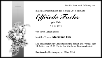 Traueranzeige von Elfriede Fuchs von Südthüringer Presse
