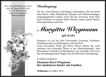 Traueranzeige von Margitta Wiegmann von Südthüringer Presse