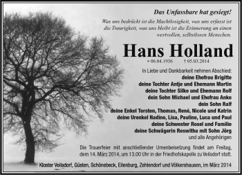 Traueranzeige von Hans Holland von Südthüringer Presse