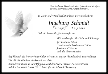 Traueranzeige von Ingeburg Schmidt von Frankenpost