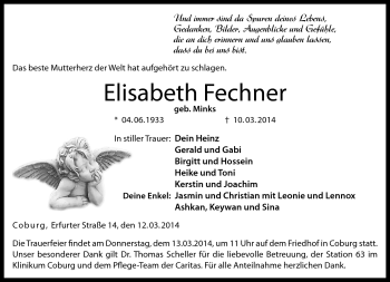 Traueranzeige von Elisabeth Fechner von Neue Presse Coburg