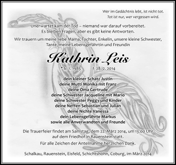 Traueranzeige von Kathrin Leis von Südthüringer Presse