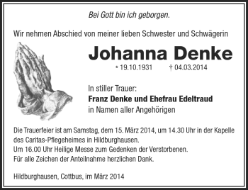 Traueranzeige von Johanna Denke von Südthüringer Presse