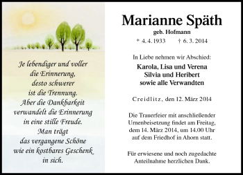 Traueranzeige von Marianne Späth von Neue Presse Coburg