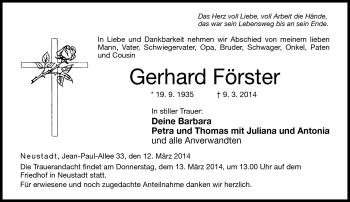 Traueranzeige von Gerhard Förster von Neue Presse Coburg