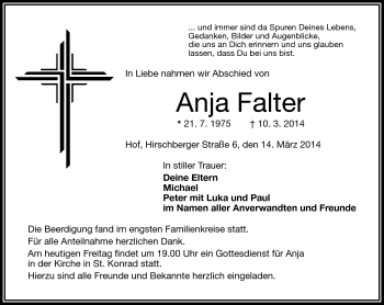 Traueranzeige von Anja Falter von Frankenpost