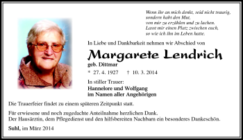 Traueranzeige von Margarete Lendrich von Südthüringer Presse