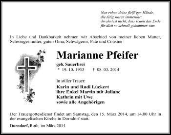 Traueranzeige von Marianne Pfeifer von Südthüringer Presse