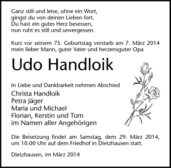 Traueranzeige von Udo Handloik von Südthüringer Presse