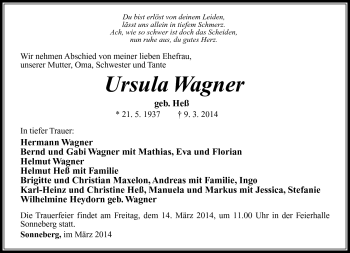 Traueranzeige von Ursula Wagner von Südthüringer Presse