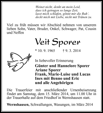 Traueranzeige von Veit Sporer von Südthüringer Presse