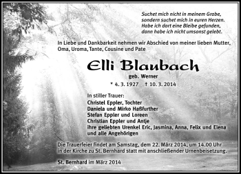 Traueranzeige von Elli Blaubach von Südthüringer Presse