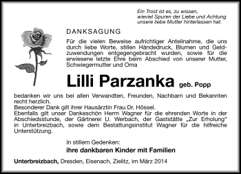 Traueranzeige von Lilli Parzanka von Südthüringer Presse