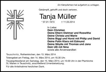 Traueranzeige von Tanja Müller von Neue Presse Coburg