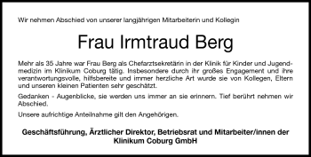 Traueranzeige von Irmtraud Berg von Neue Presse Coburg