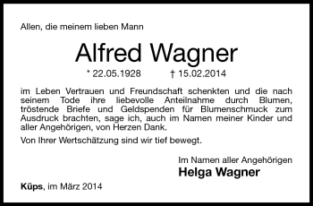 Traueranzeige von Alfred Wagner von Neue Presse Coburg