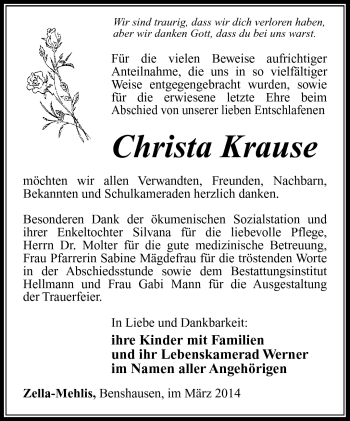 Traueranzeige von Christa Krause von Südthüringer Presse