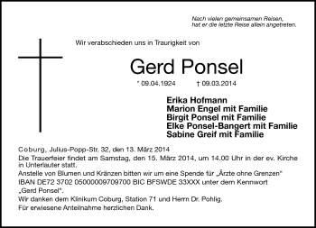 Traueranzeige von Gerd Ponsel von Neue Presse Coburg