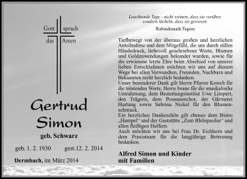 Traueranzeige von Gertrud Simon von Südthüringer Presse